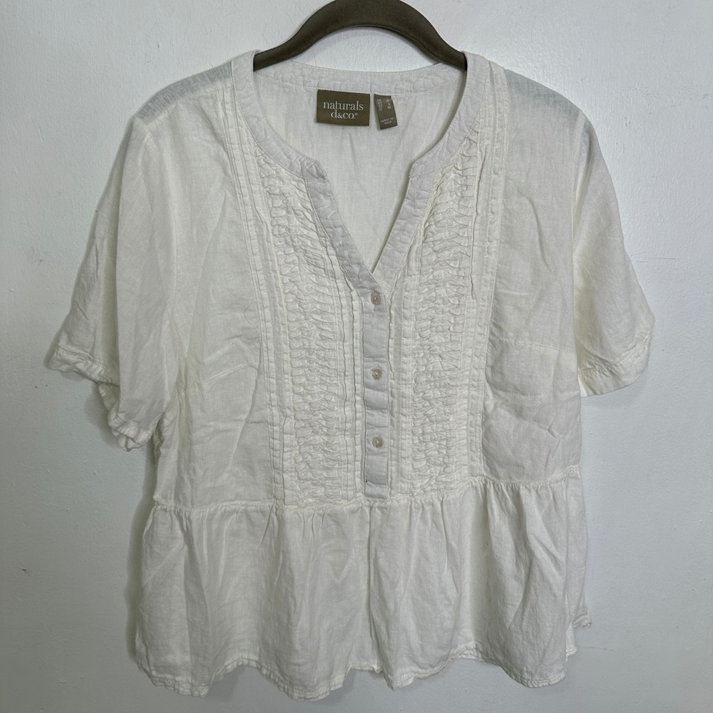 White Linen Blend Peplum Blouse Pintuck Short Sleeve Top Size Small Travel